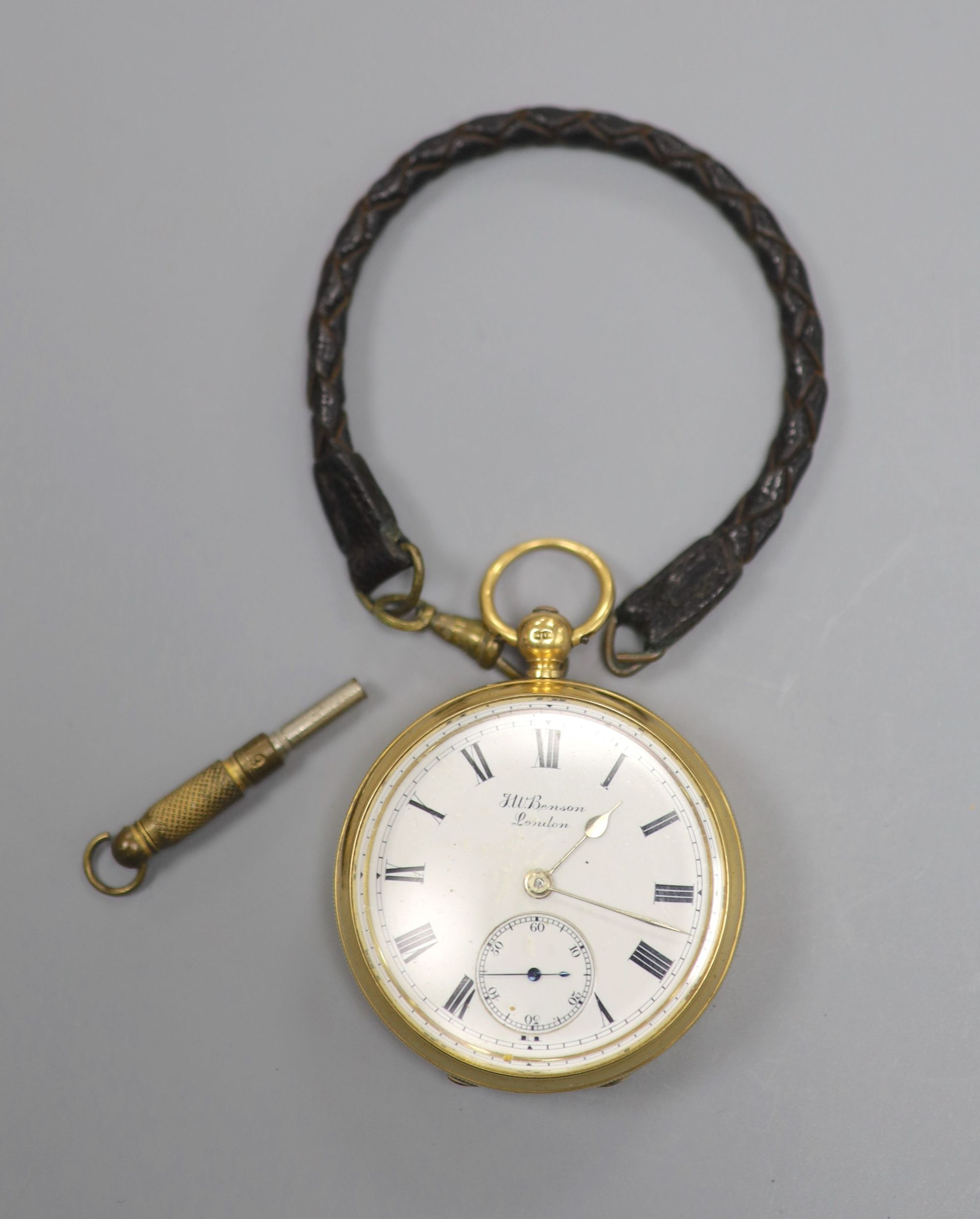 An Edwardian 18ct gold open faced J.W. Benson The Ludgate keywind lever pocket watch, case diameter 48mm, gross 115.3 grams.